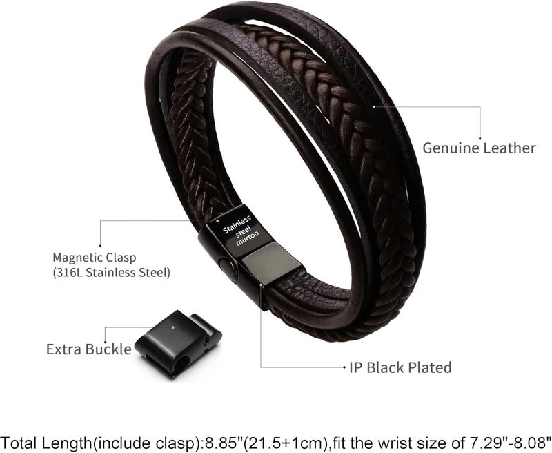 Murtoo Mens Leather Bracelet with Clasp Cowhide Multi-Layer Braided Leather Mens Bracelet - Image 2